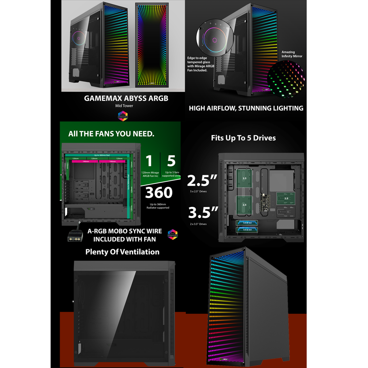 The GameMax Abyss-TR with an infinity mirror with Rainbow LED lighting on  the front 