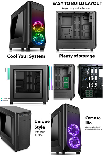 CiT Prism Black RGB Mid-Tower Case With 2 x RGB Front Fans 1 x USB 3.0 ...