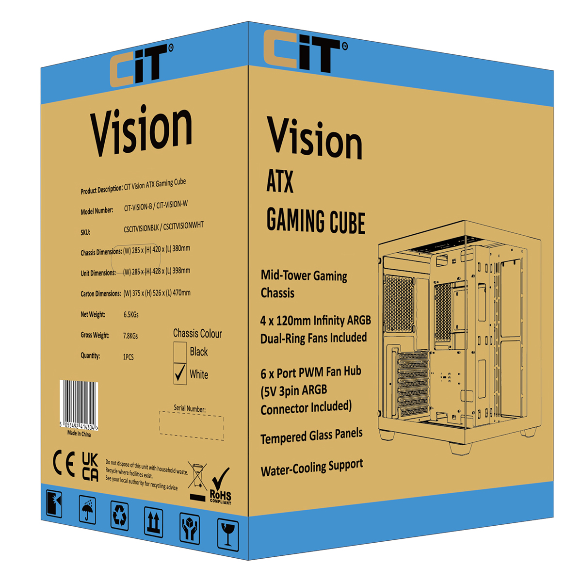 CiT Vision White ATX Gaming Cube with Tempered Glass Front and Side ...